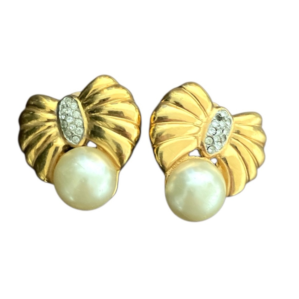 Gold and Pearl Toned Clip On Earrings , French Costume Jewelry